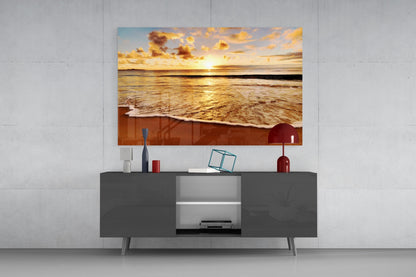 Golden Foam Beach Sunset Glass Wall Art