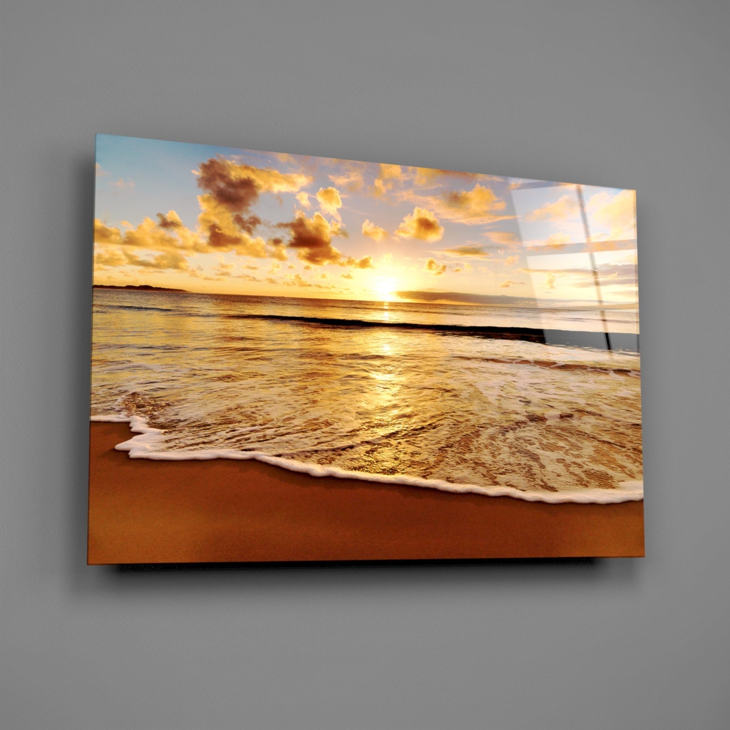 Golden Foam Beach Sunset Glass Wall Art