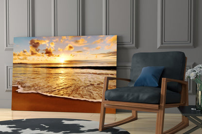 Golden Foam Beach Sunset Glass Wall Art