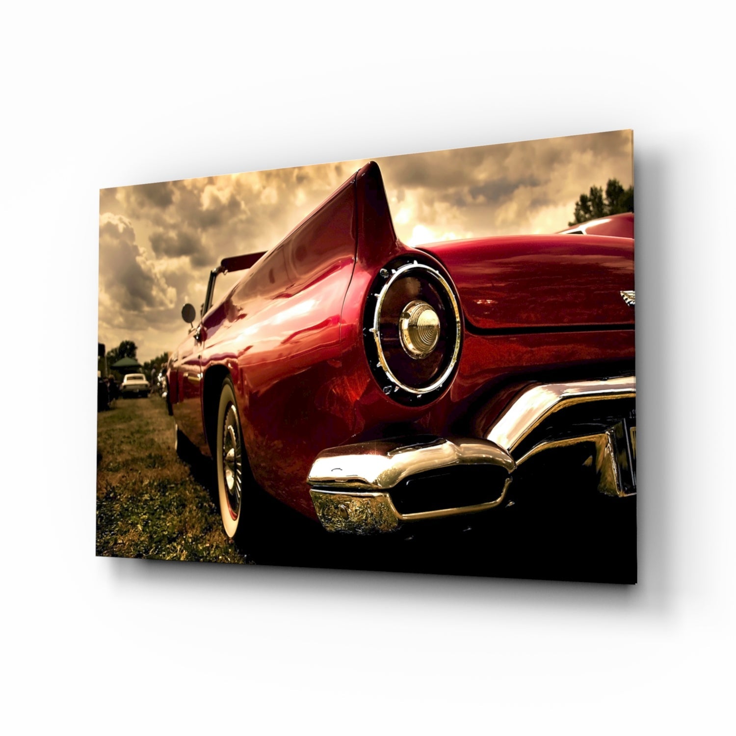 Crimson Tailfin Classic Car Sunset Glass Wall Art