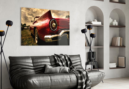 Crimson Tailfin Classic Car Sunset Glass Wall Art