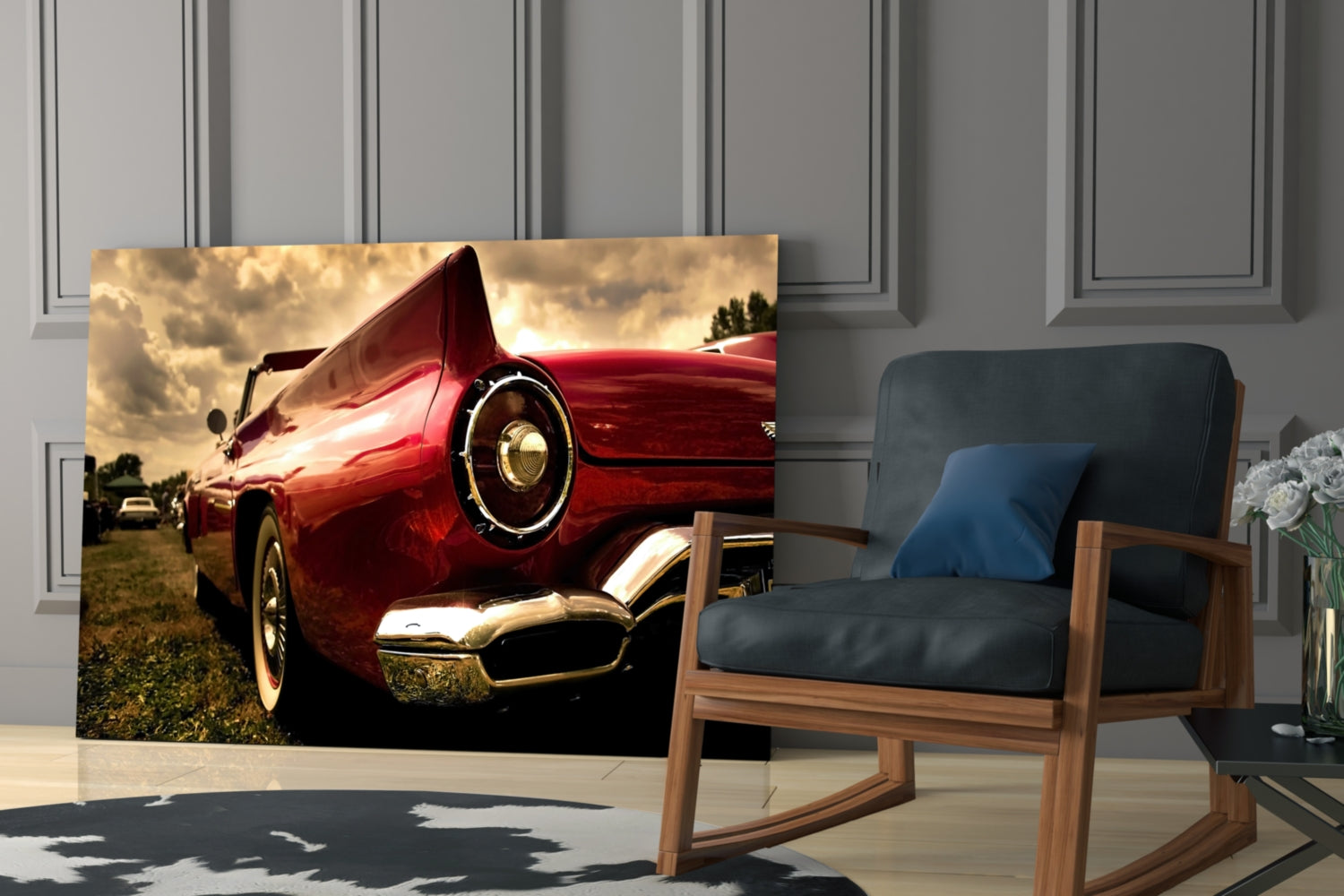 Crimson Tailfin Classic Car Sunset Glass Wall Art