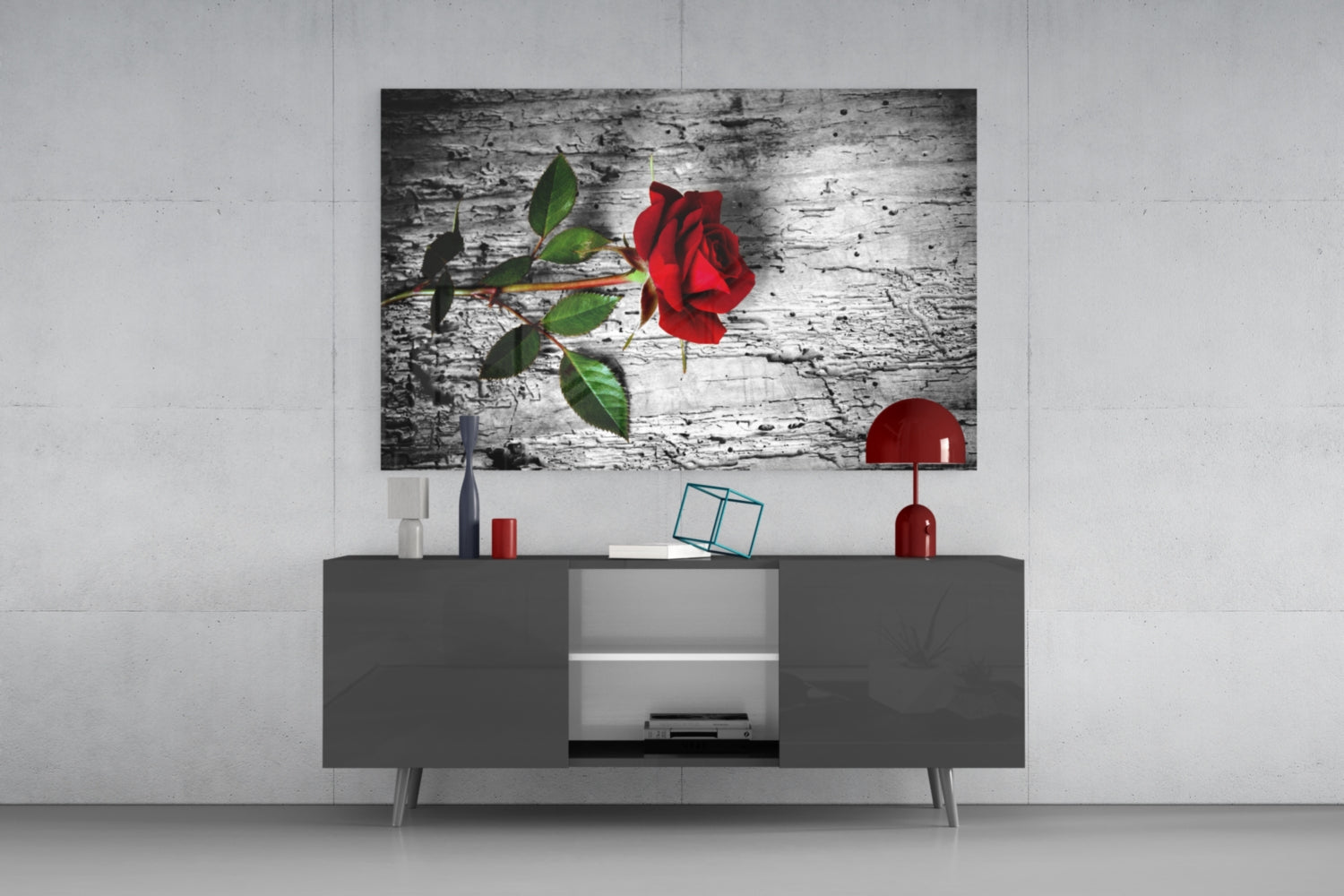 Single Red Rose on Weathered Wood Glass Wall Art