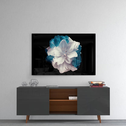 White and Teal Layered Blossom Glass Wall Art