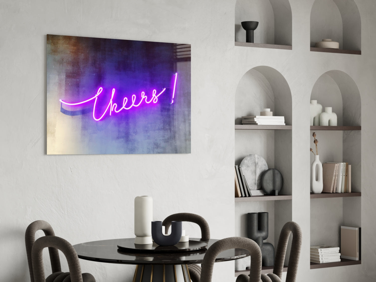 Purple Neon Cheers Script Sign Glass Wall Art