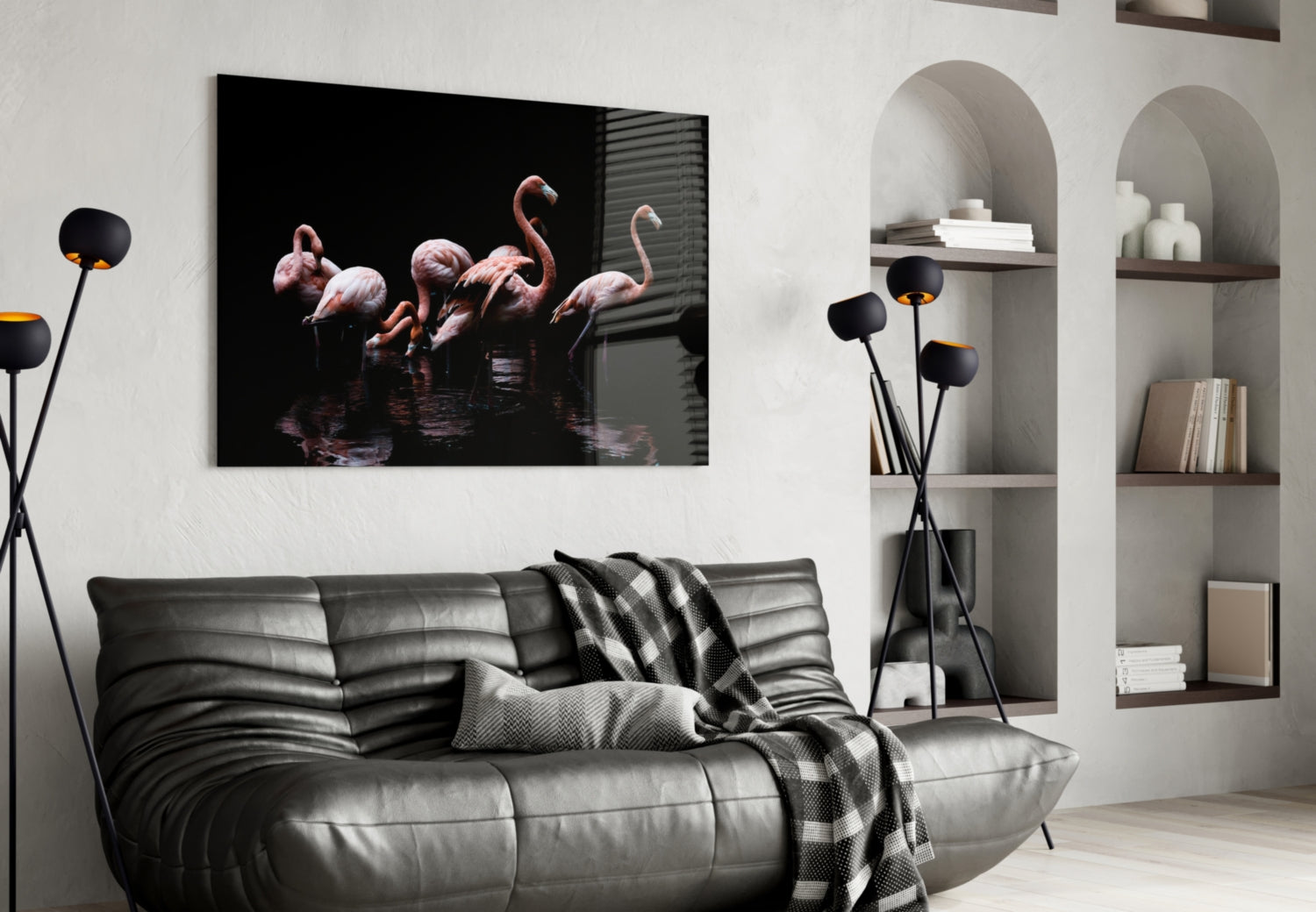 Black Background Wading Flamingos Glass Wall Art