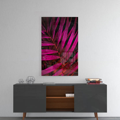 Magenta Palm Frond Closeup Glass Wall Art
