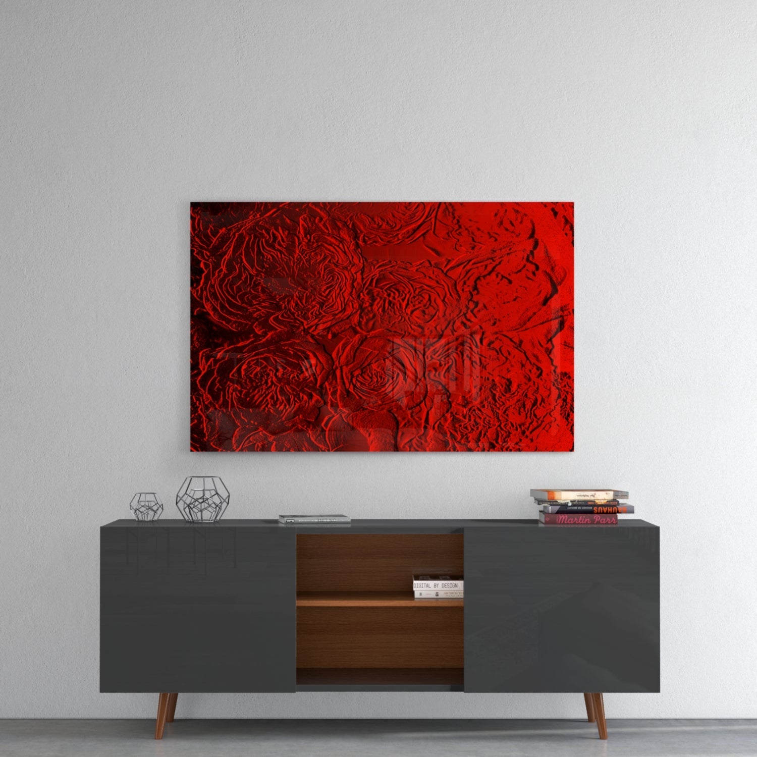 Crimson Textured Rose Relief Glass Wall Art