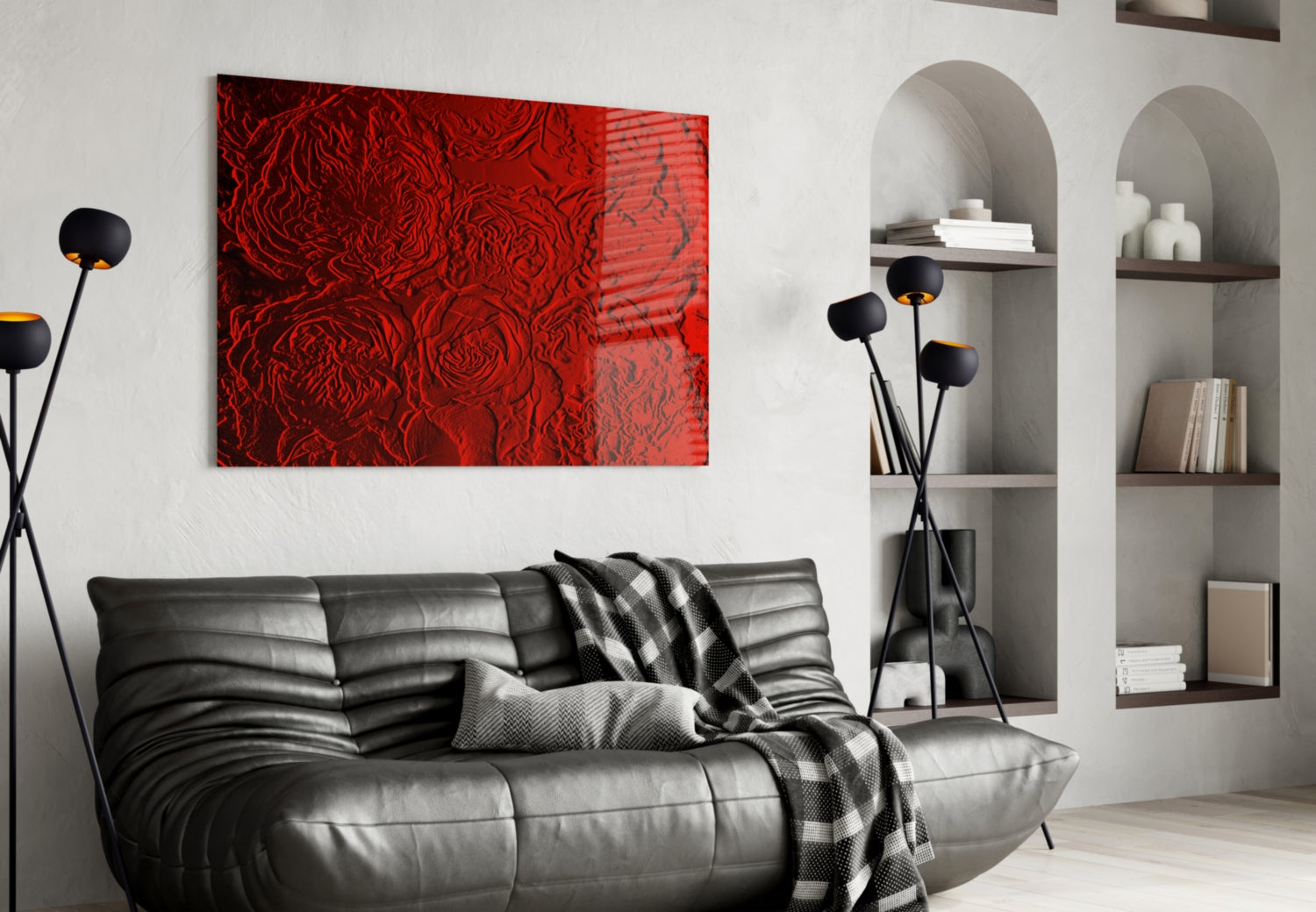 Crimson Textured Rose Relief Glass Wall Art