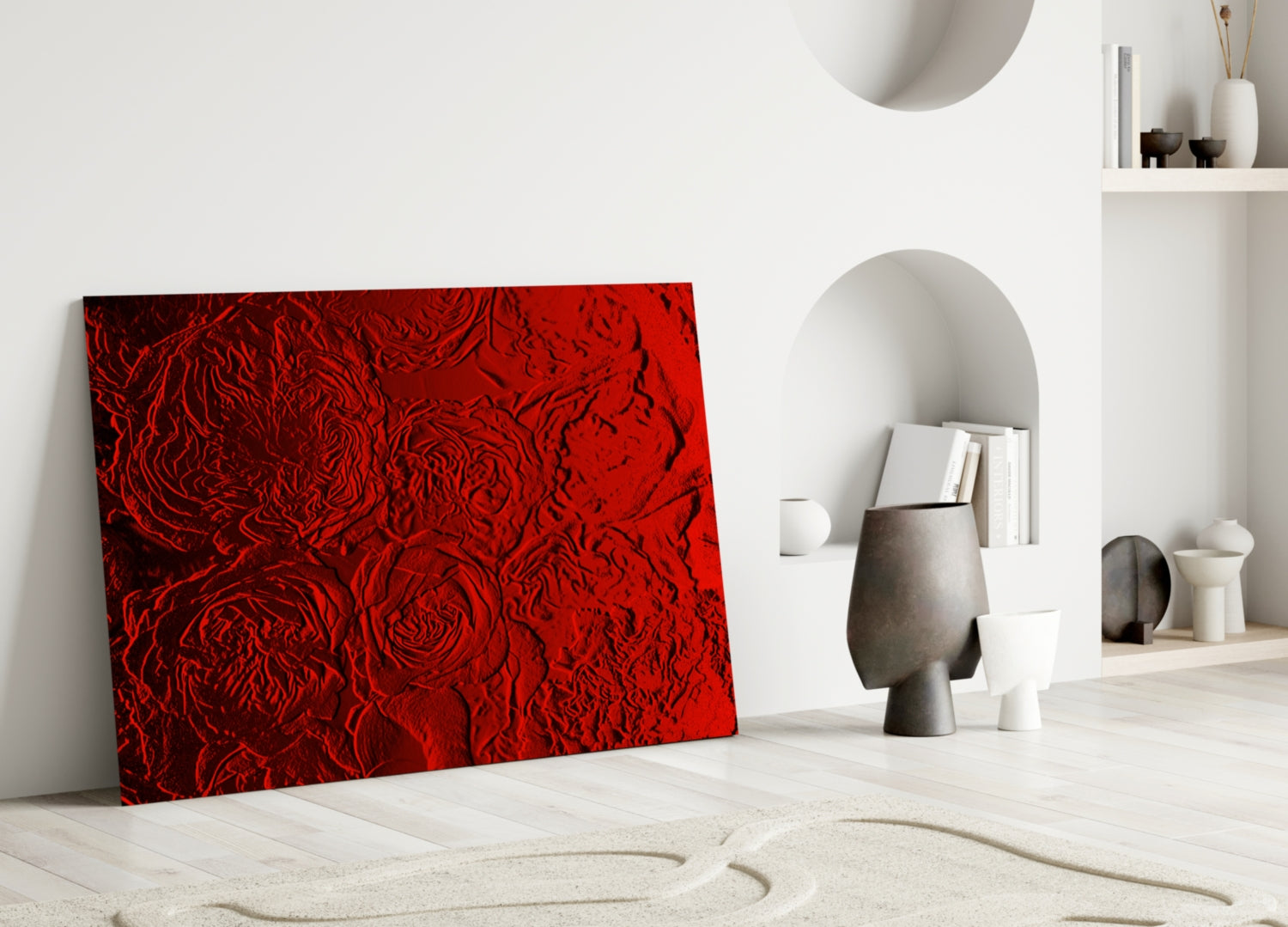 Crimson Textured Rose Relief Glass Wall Art