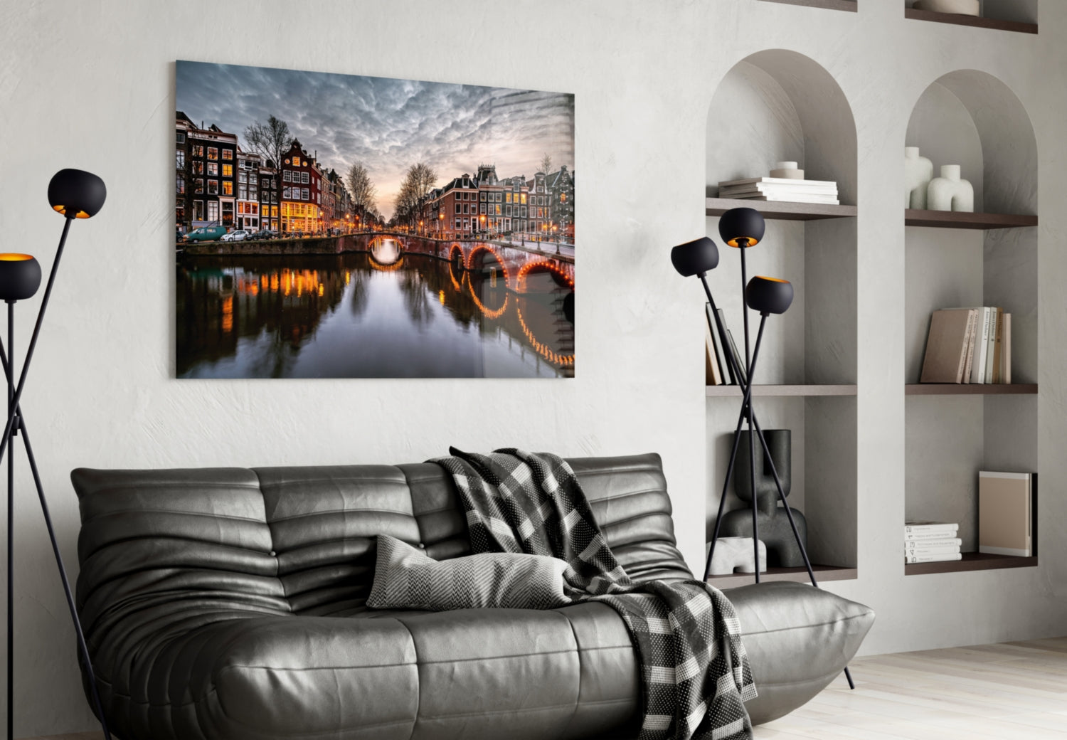 Illuminated Canal Bridge Dusk Glass Wall Art