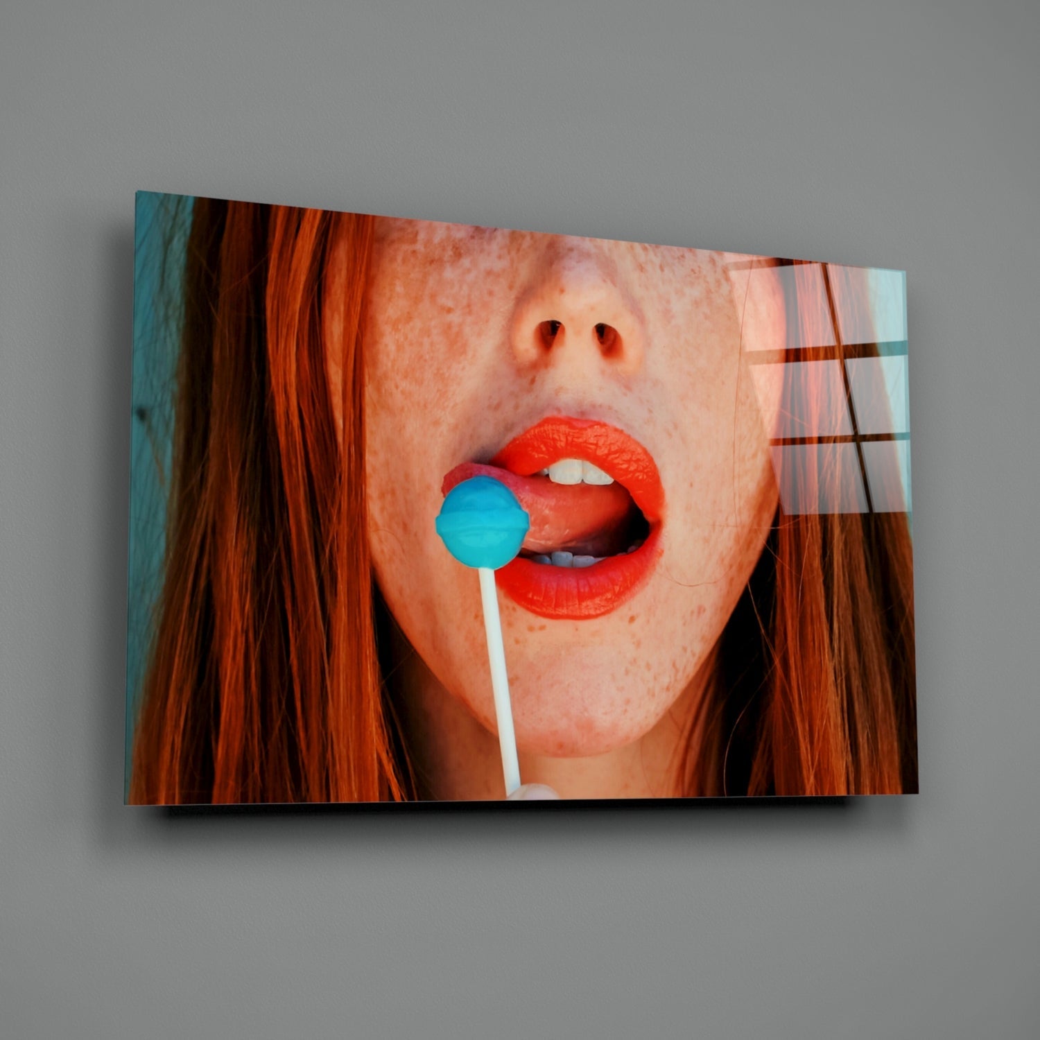 Coral Lips Blue Lollipop Redhead Glass Wall Art