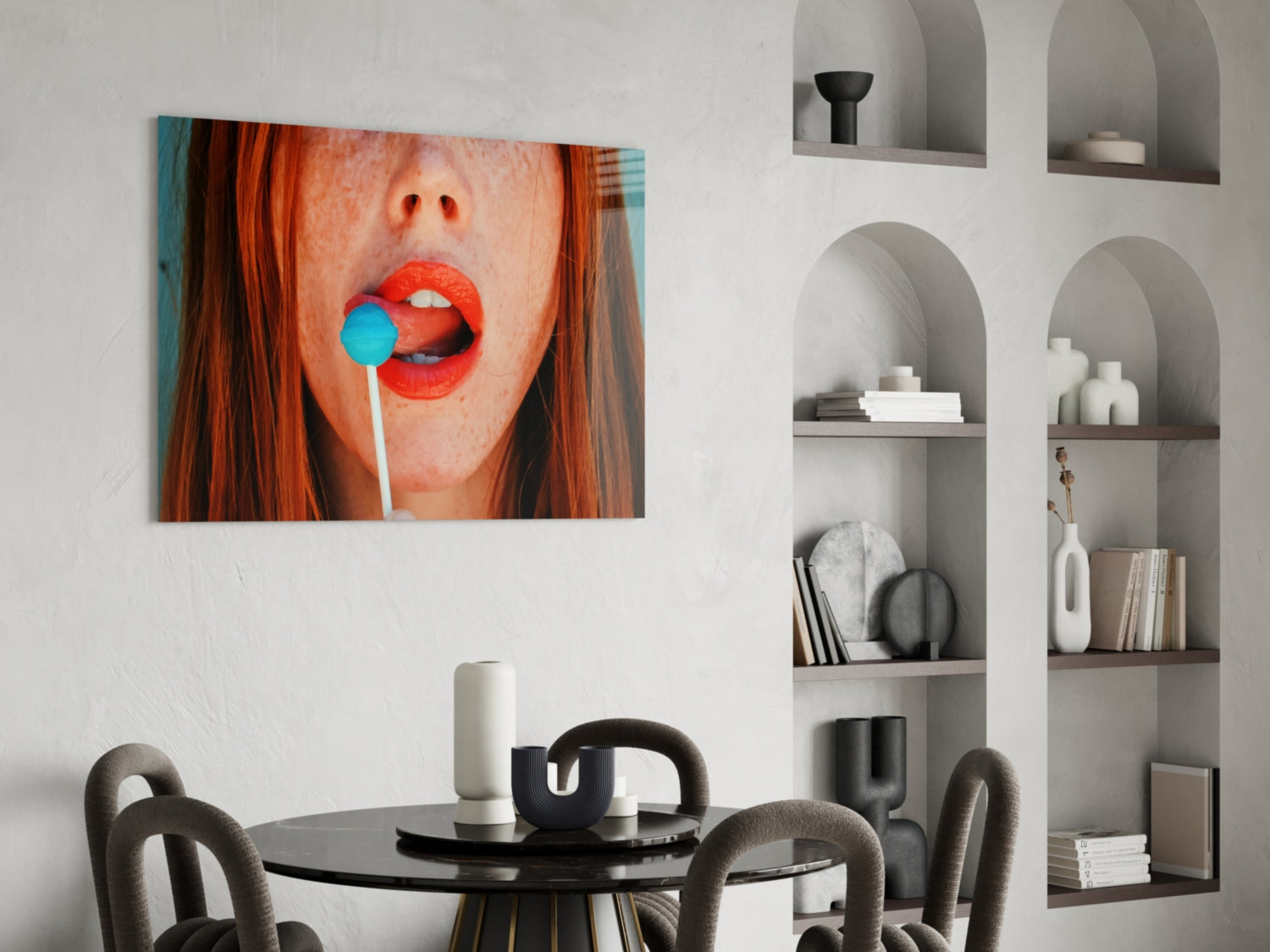 Coral Lips Blue Lollipop Redhead Glass Wall Art