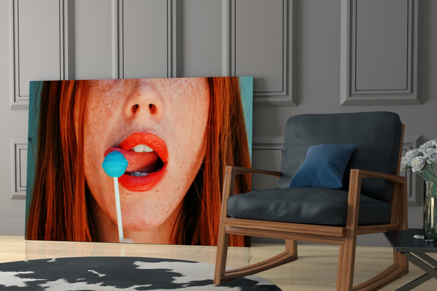 Coral Lips Blue Lollipop Redhead Glass Wall Art