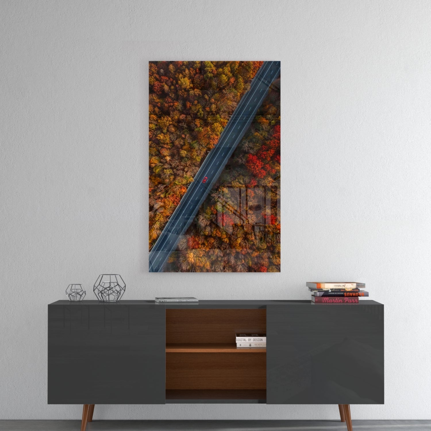 Aerial Autumn Forest Road Red Car Glass Wall Art