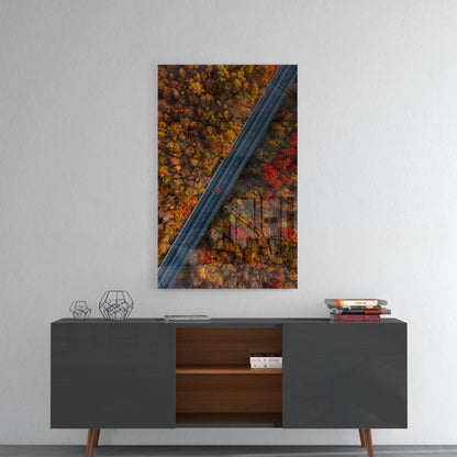 Aerial Autumn Forest Road Red Car Glass Wall Art
