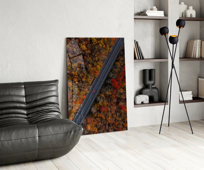 Aerial Autumn Forest Road Red Car Glass Wall Art