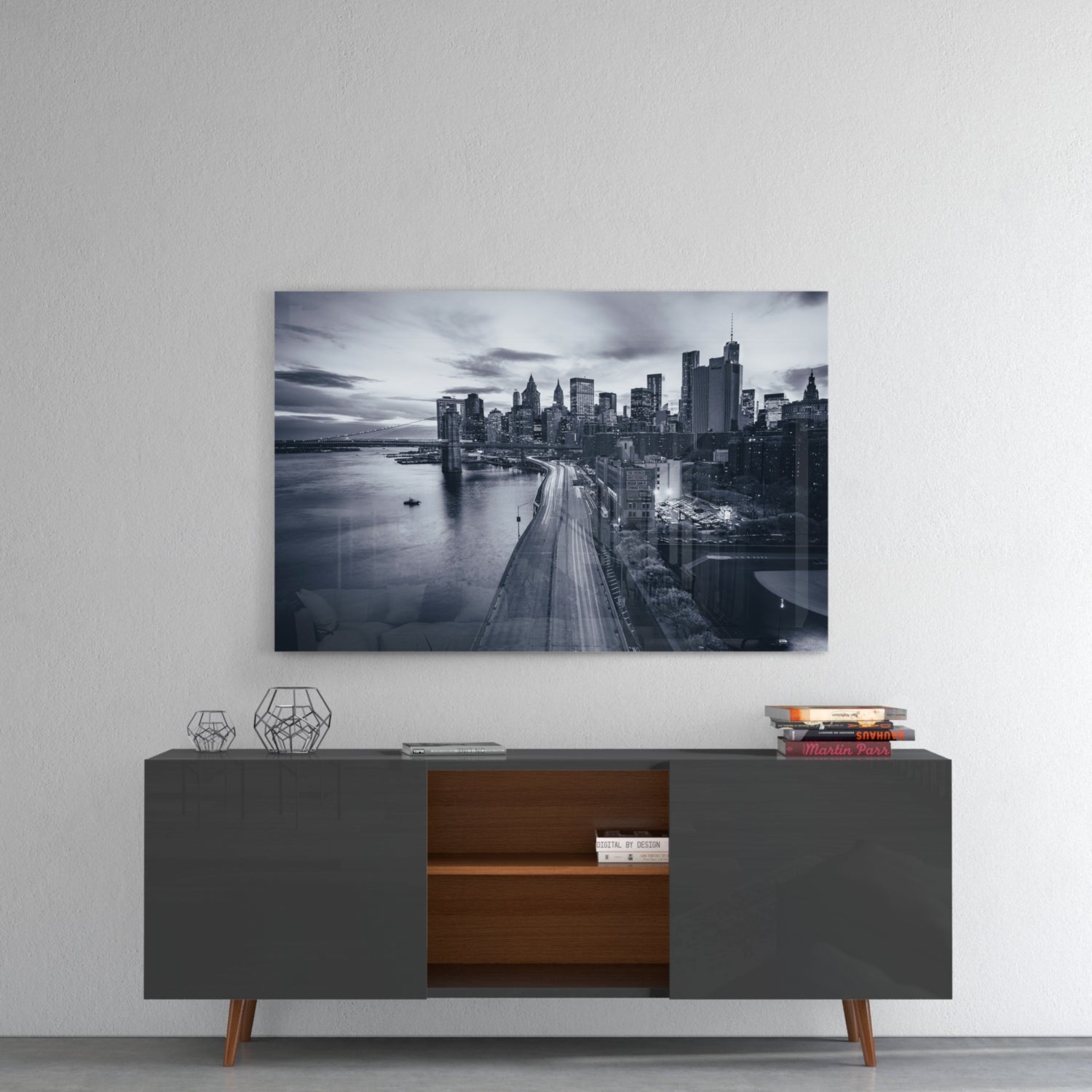 Monochrome City Skyline Bridge Dusk Glass Wall Art