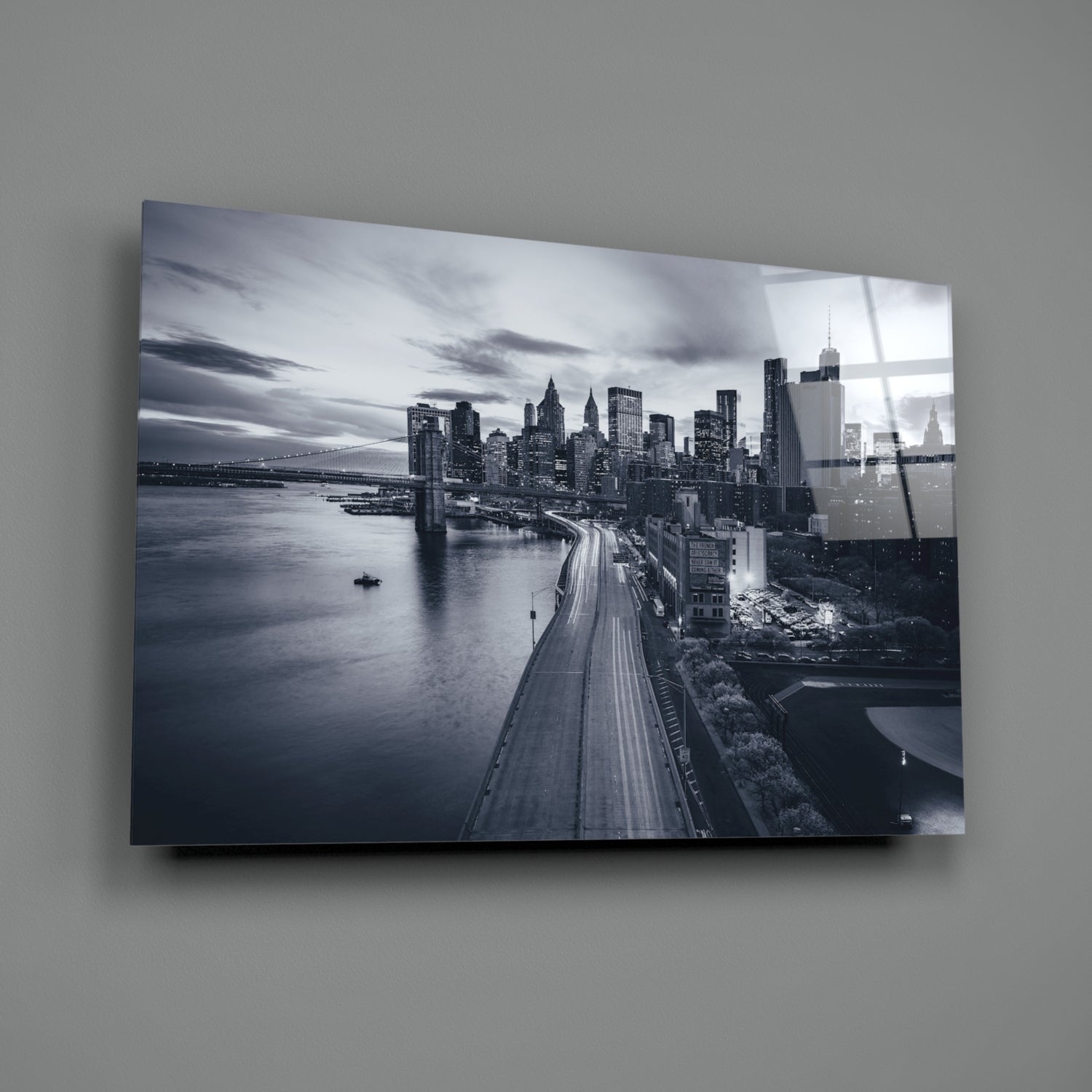 Monochrome City Skyline Bridge Dusk Glass Wall Art
