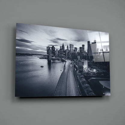 Monochrome City Skyline Bridge Dusk Glass Wall Art