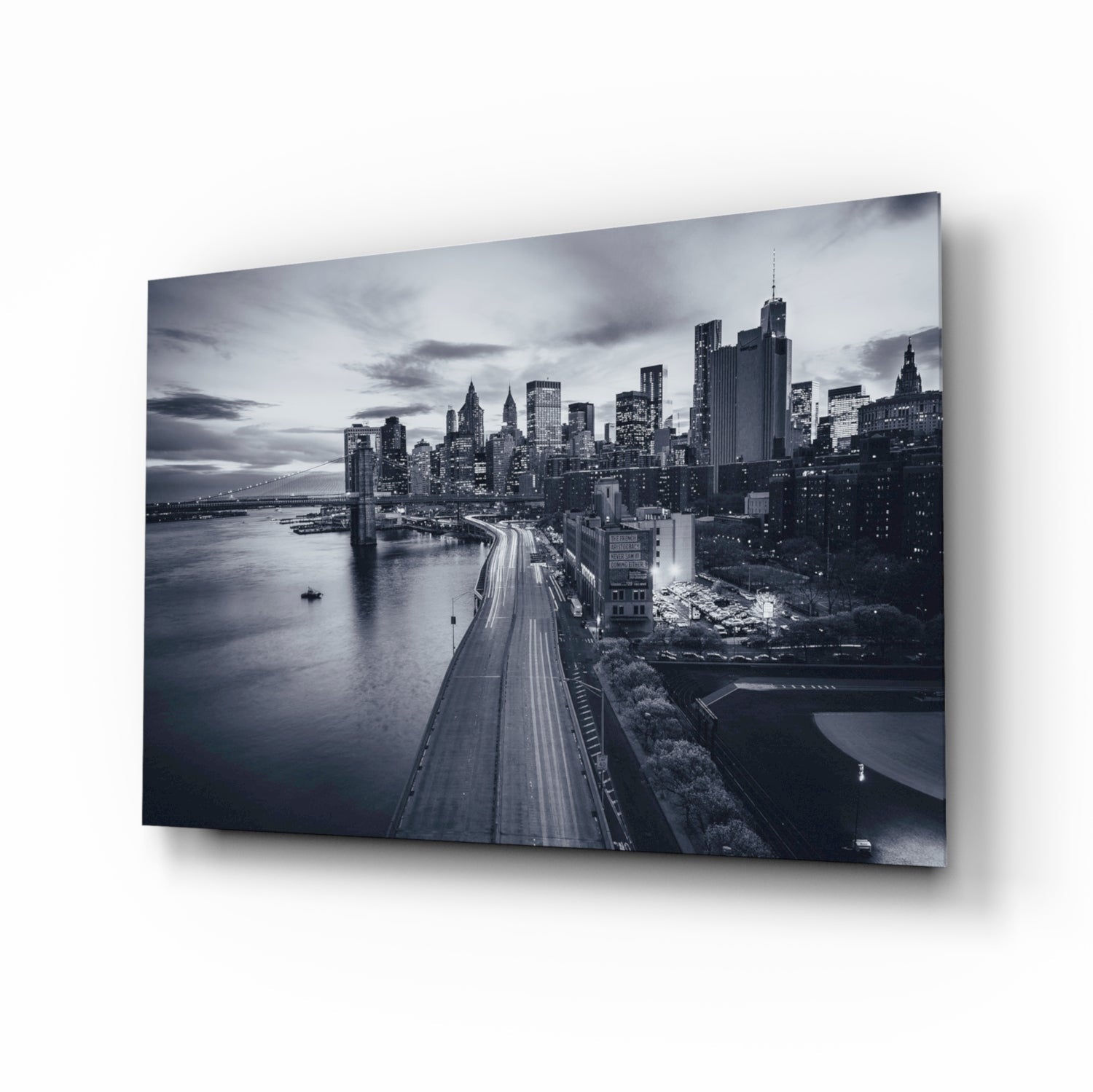 Monochrome City Skyline Bridge Dusk Glass Wall Art