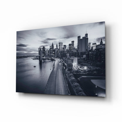 Monochrome City Skyline Bridge Dusk Glass Wall Art