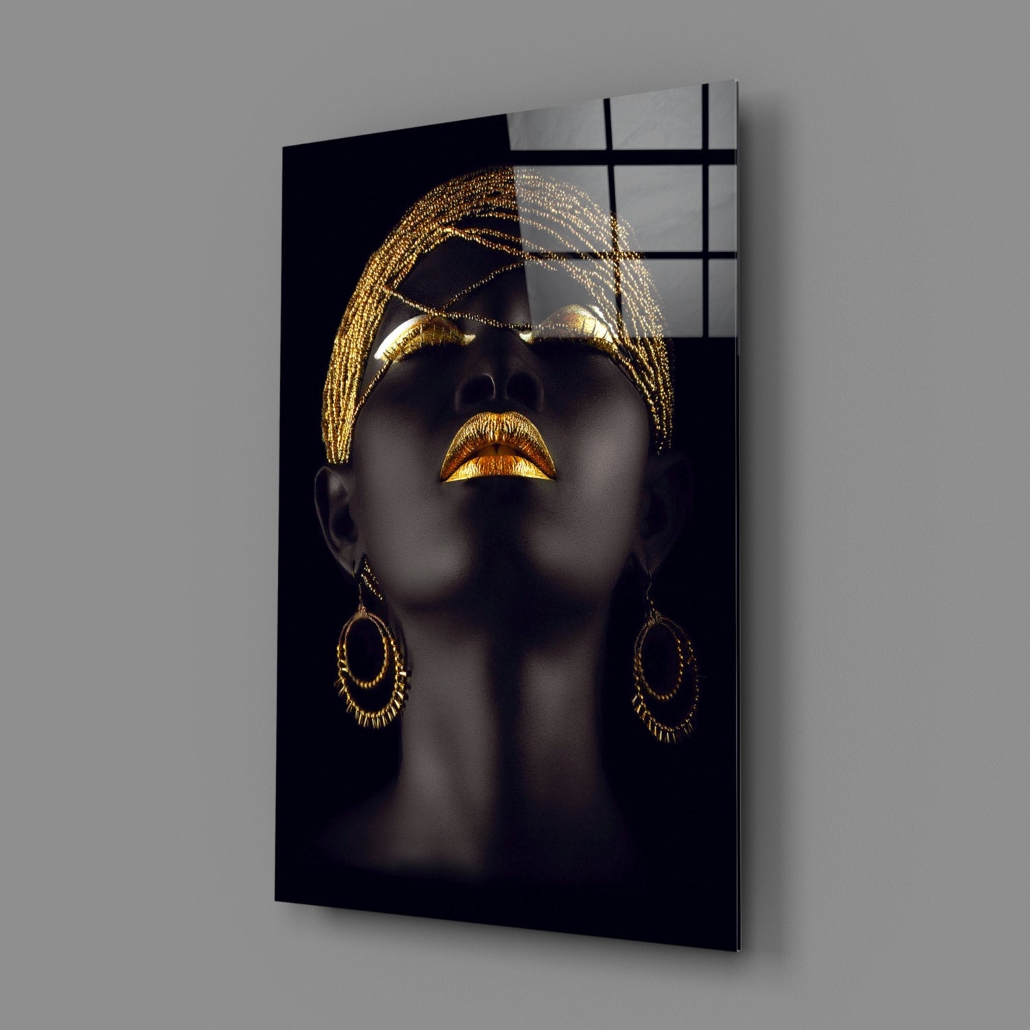 Gold Beaded Headdress Woman Glass Wall Art