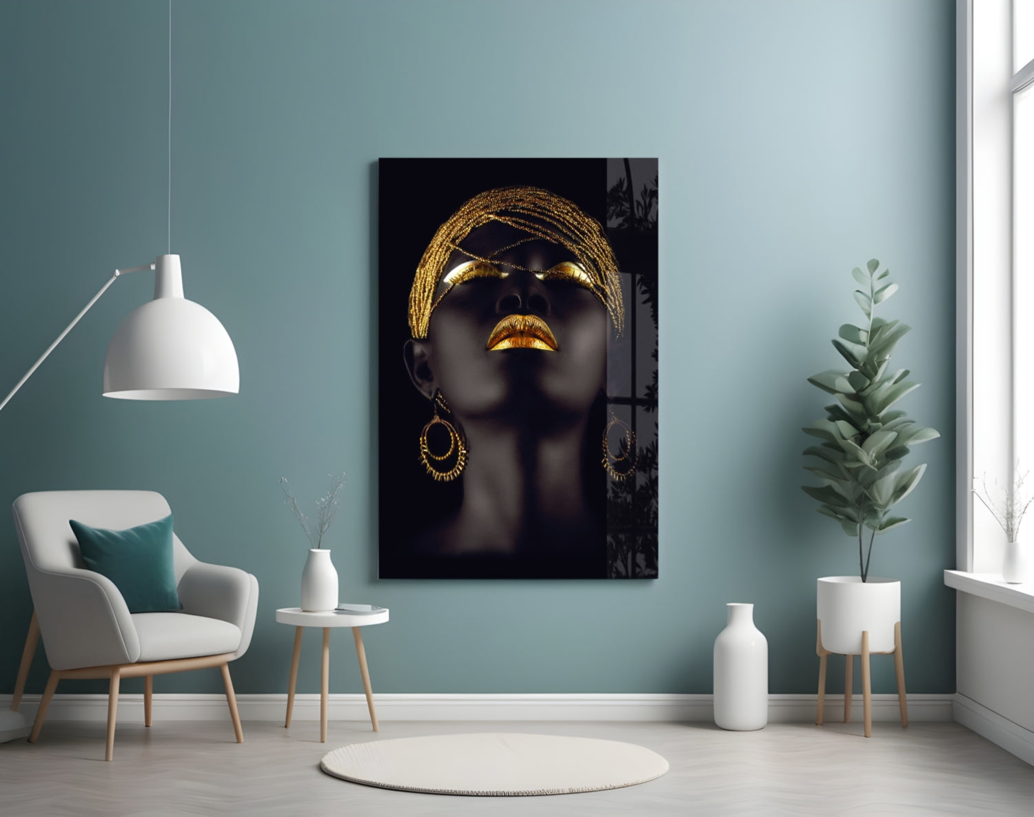 Gold Beaded Headdress Woman Glass Wall Art