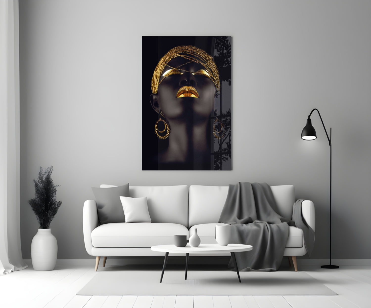 Gold Beaded Headdress Woman Glass Wall Art
