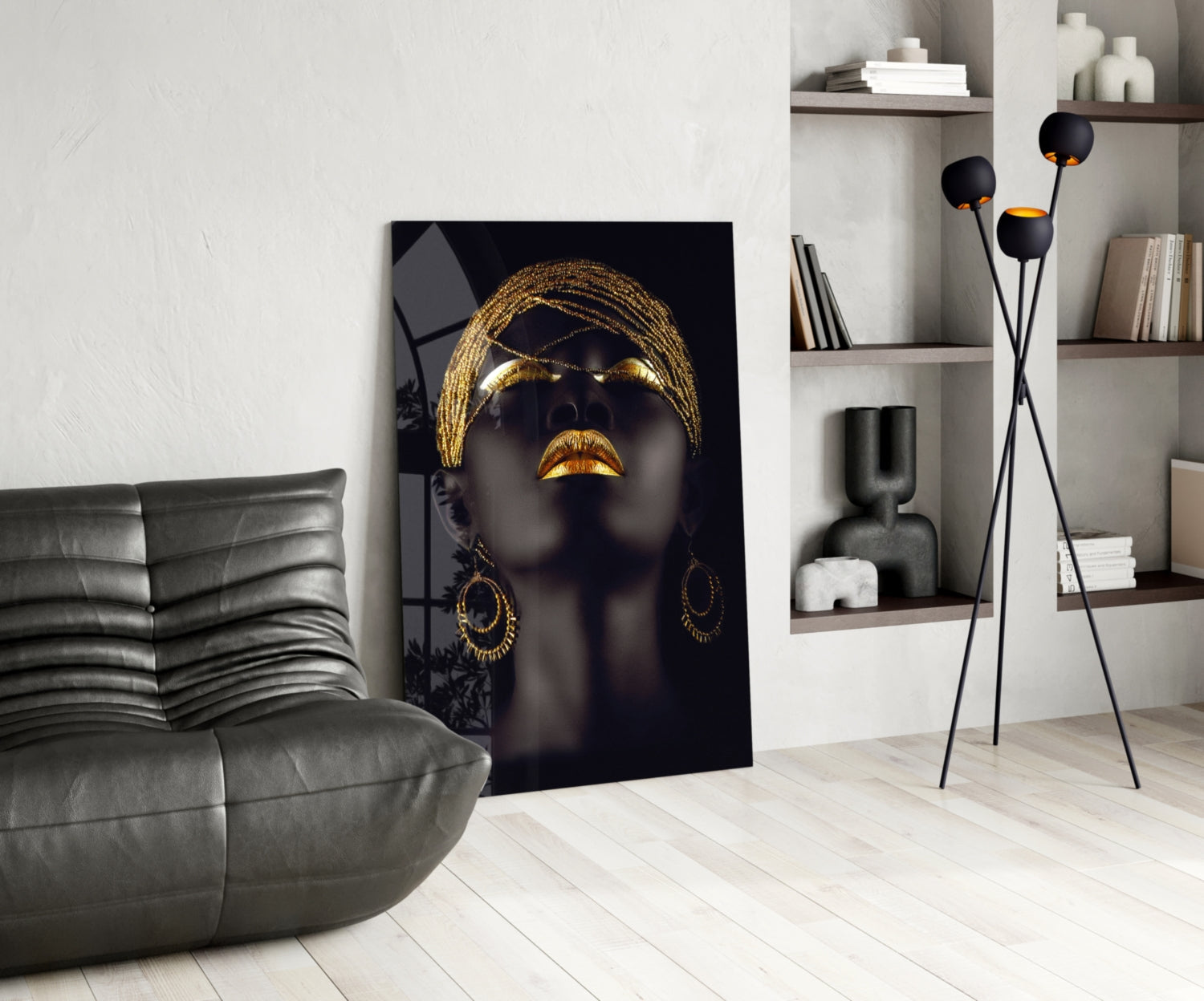 Gold Beaded Headdress Woman Glass Wall Art