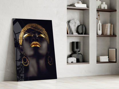 Gold Beaded Headdress Woman Glass Wall Art