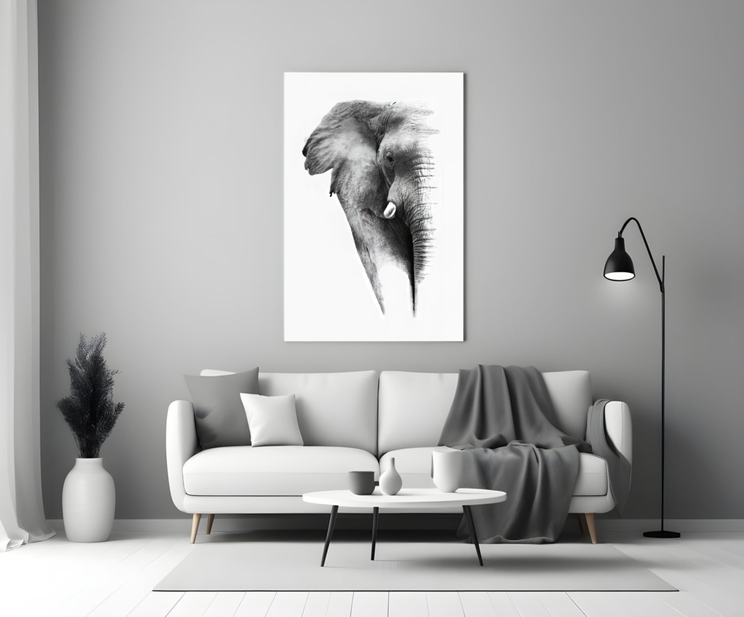 Faded Grayscale Elephant Sketch Glass Wall Art