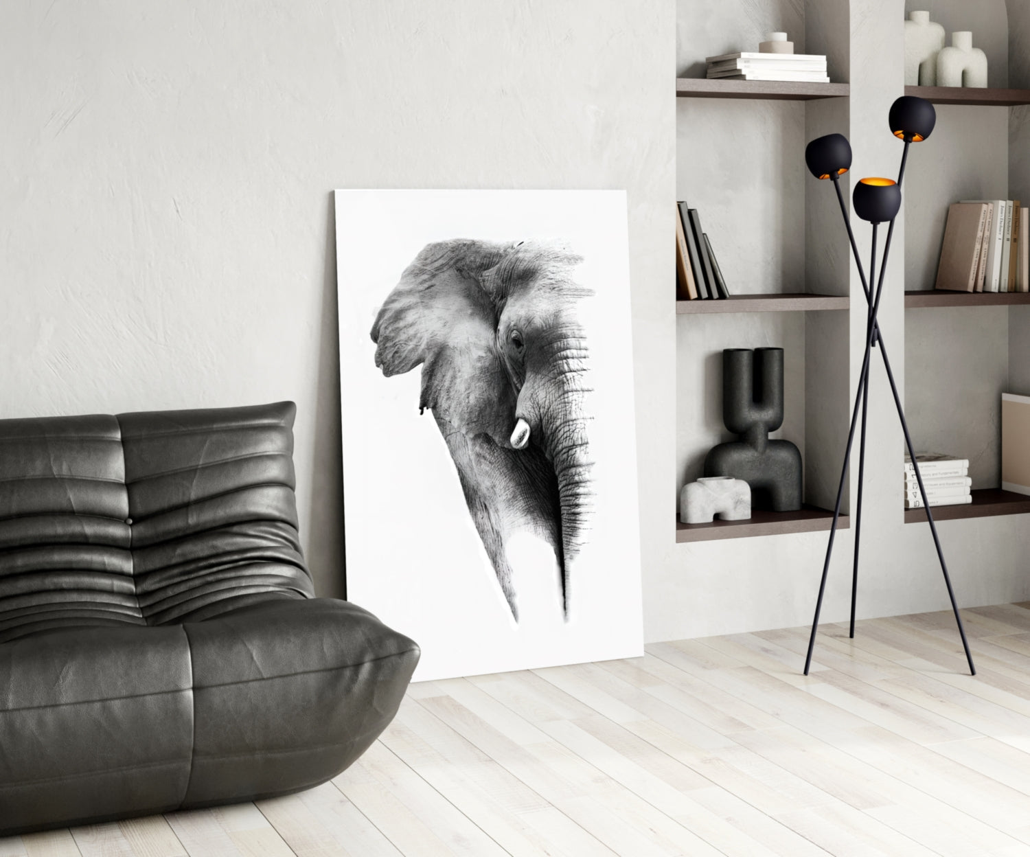 Faded Grayscale Elephant Sketch Glass Wall Art