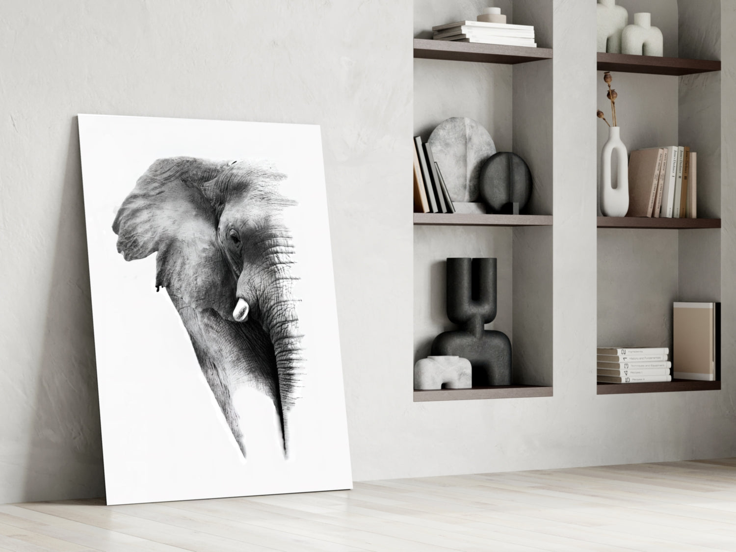 Faded Grayscale Elephant Sketch Glass Wall Art
