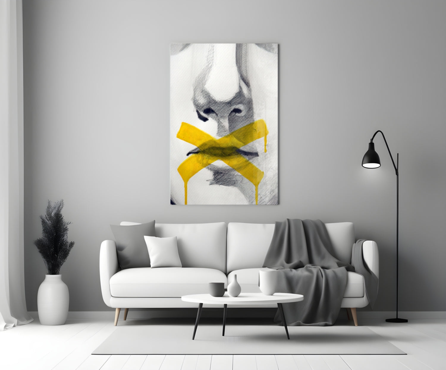 Yellow Tape Cross Over Sketched Lips Glass Wall Art