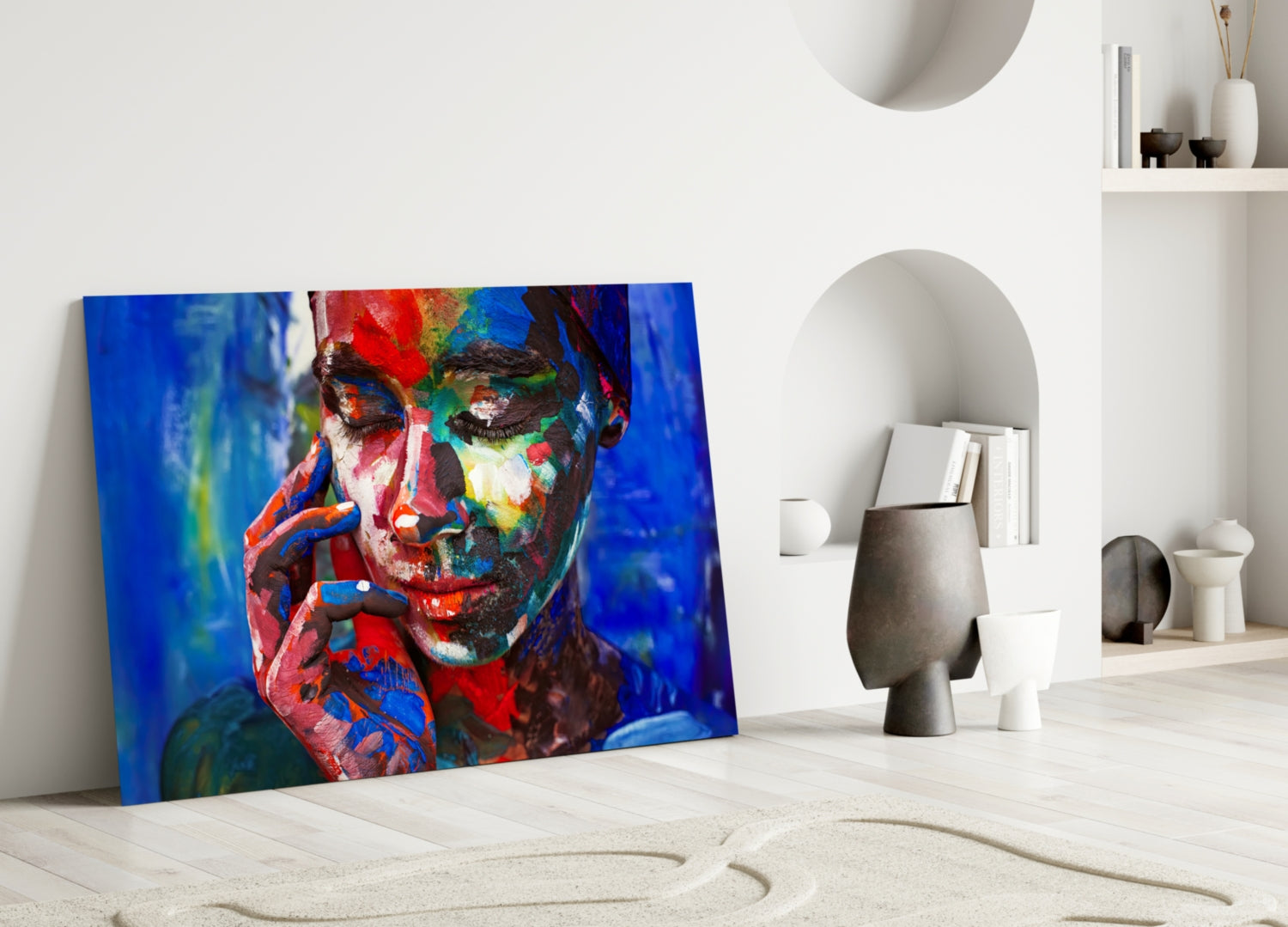 Rainbow Paint Woman Face Glass Wall Art