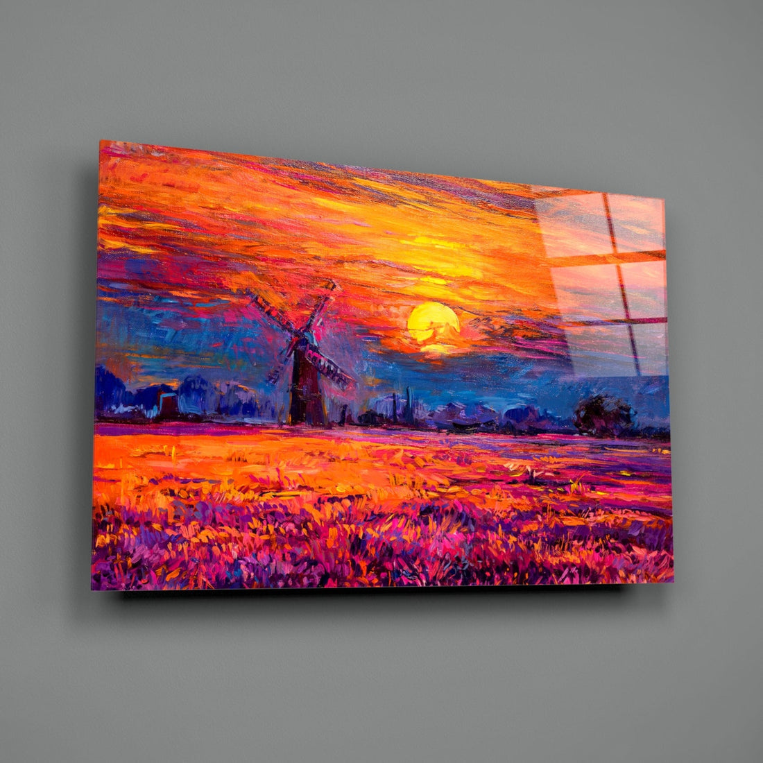 Windmill Purple Field Sunset Glass Wall Art