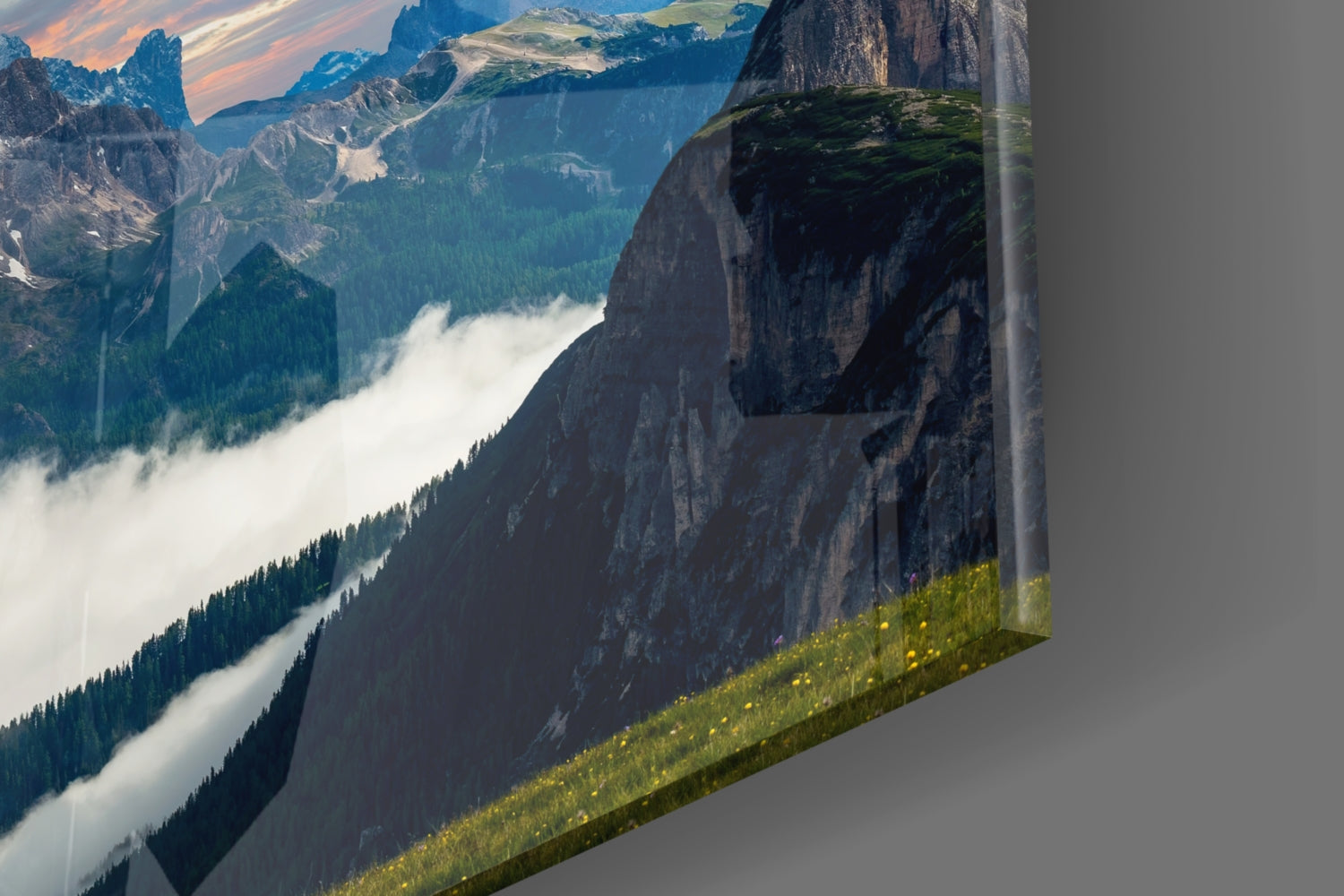 Fiery Sunset Clouds Over Rocky Peaks Glass Wall Art