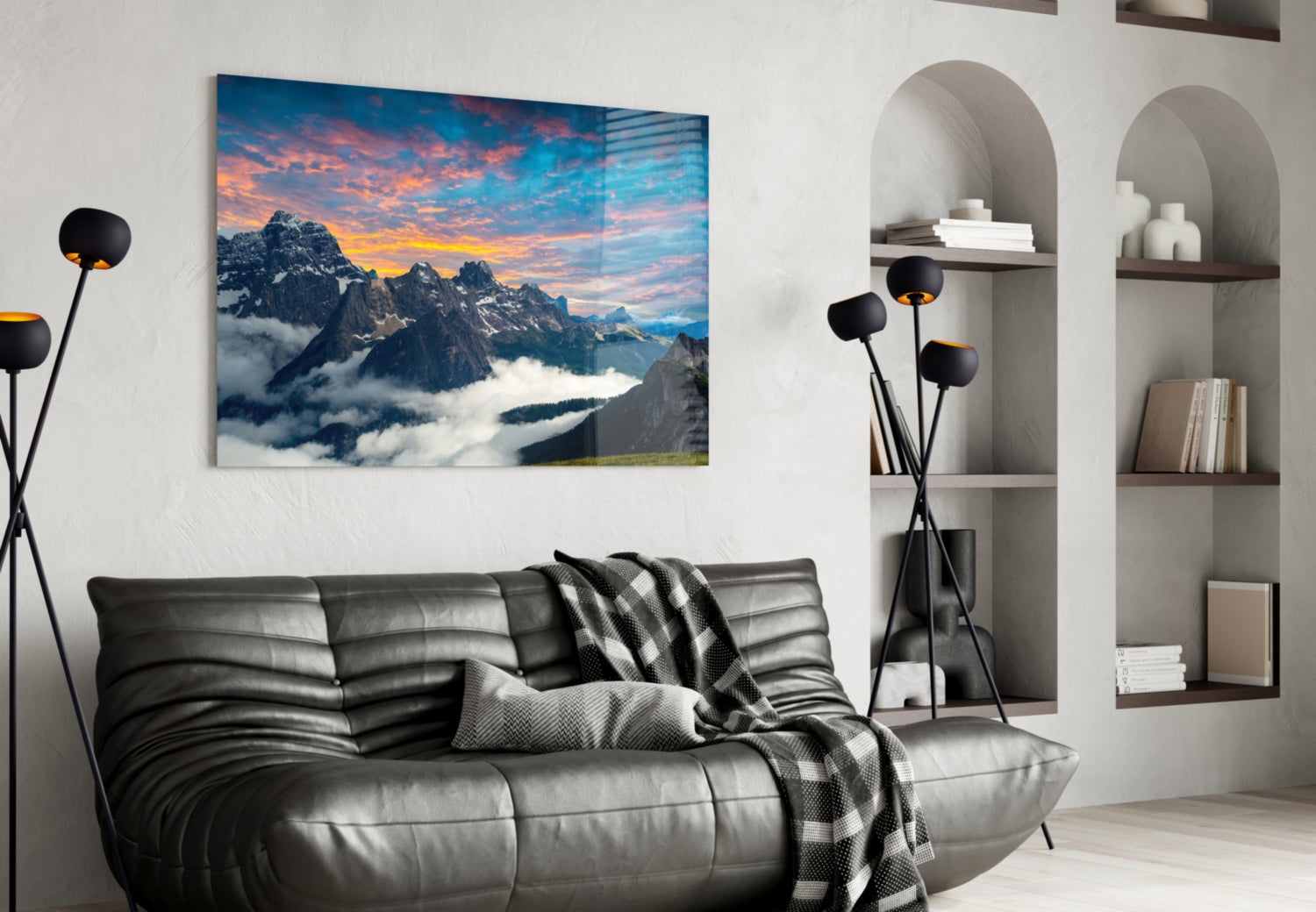Fiery Sunset Clouds Over Rocky Peaks Glass Wall Art