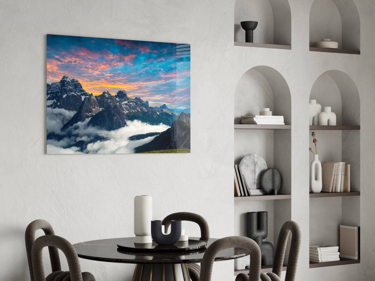 Fiery Sunset Clouds Over Rocky Peaks Glass Wall Art