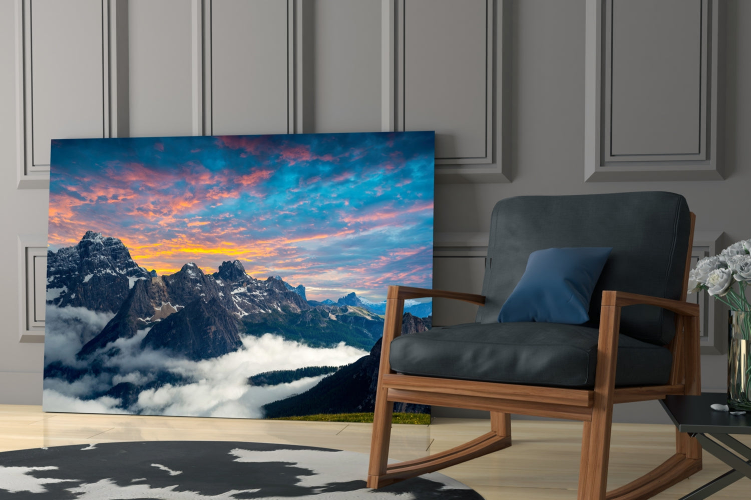 Fiery Sunset Clouds Over Rocky Peaks Glass Wall Art