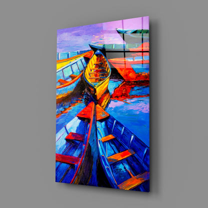 Vivid Blue and Red Painted Rowboats Glass Wall Art