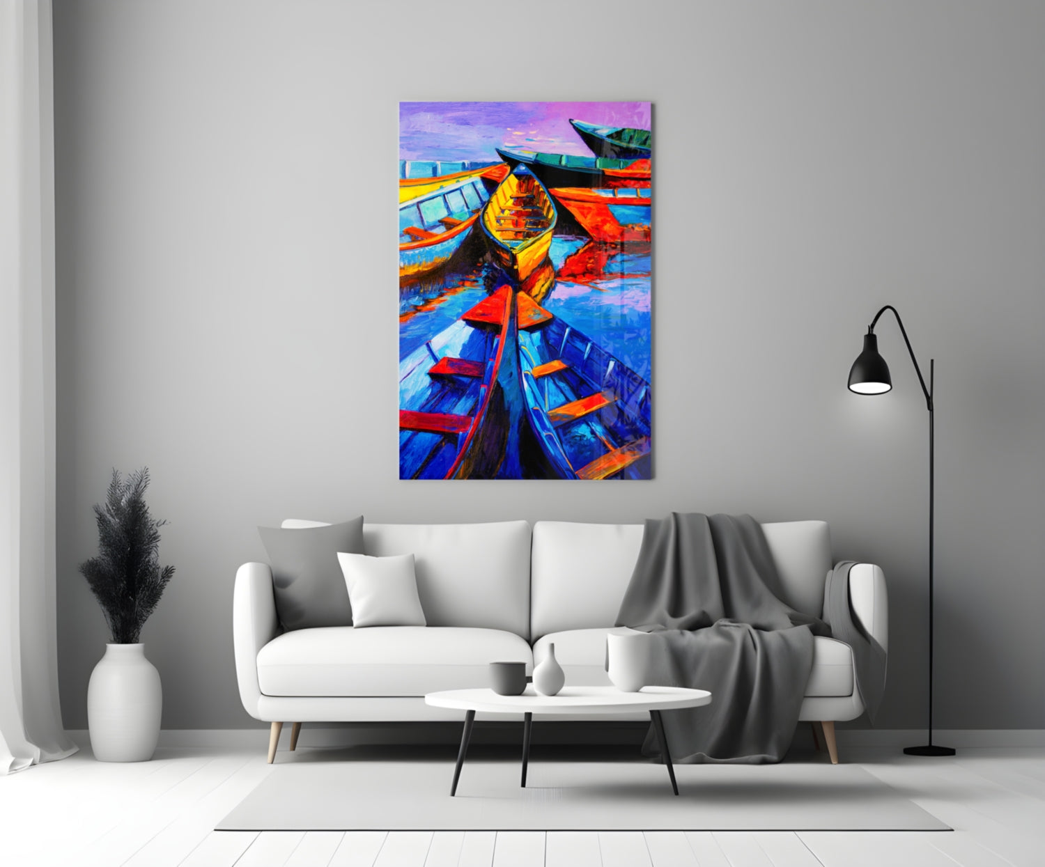 Vivid Blue and Red Painted Rowboats Glass Wall Art