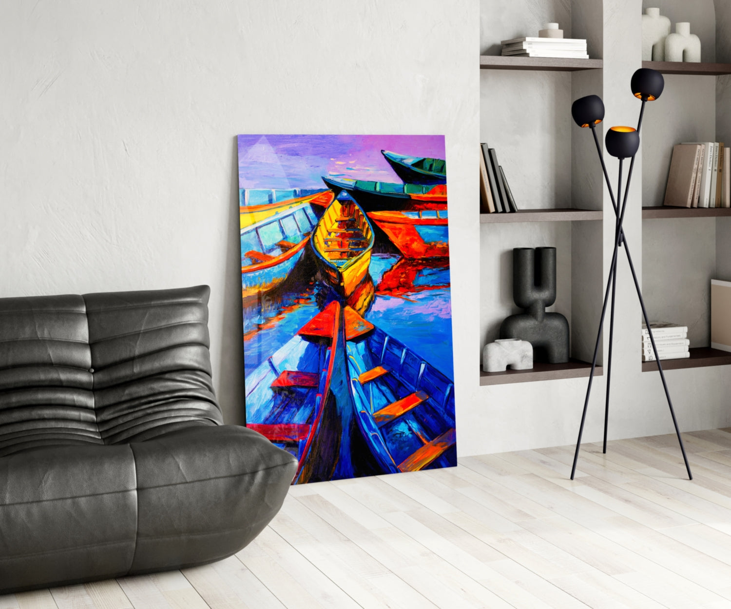 Vivid Blue and Red Painted Rowboats Glass Wall Art