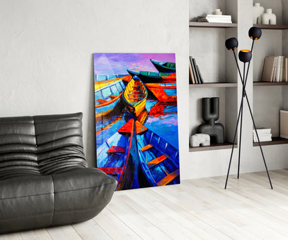 Vivid Blue and Red Painted Rowboats Glass Wall Art