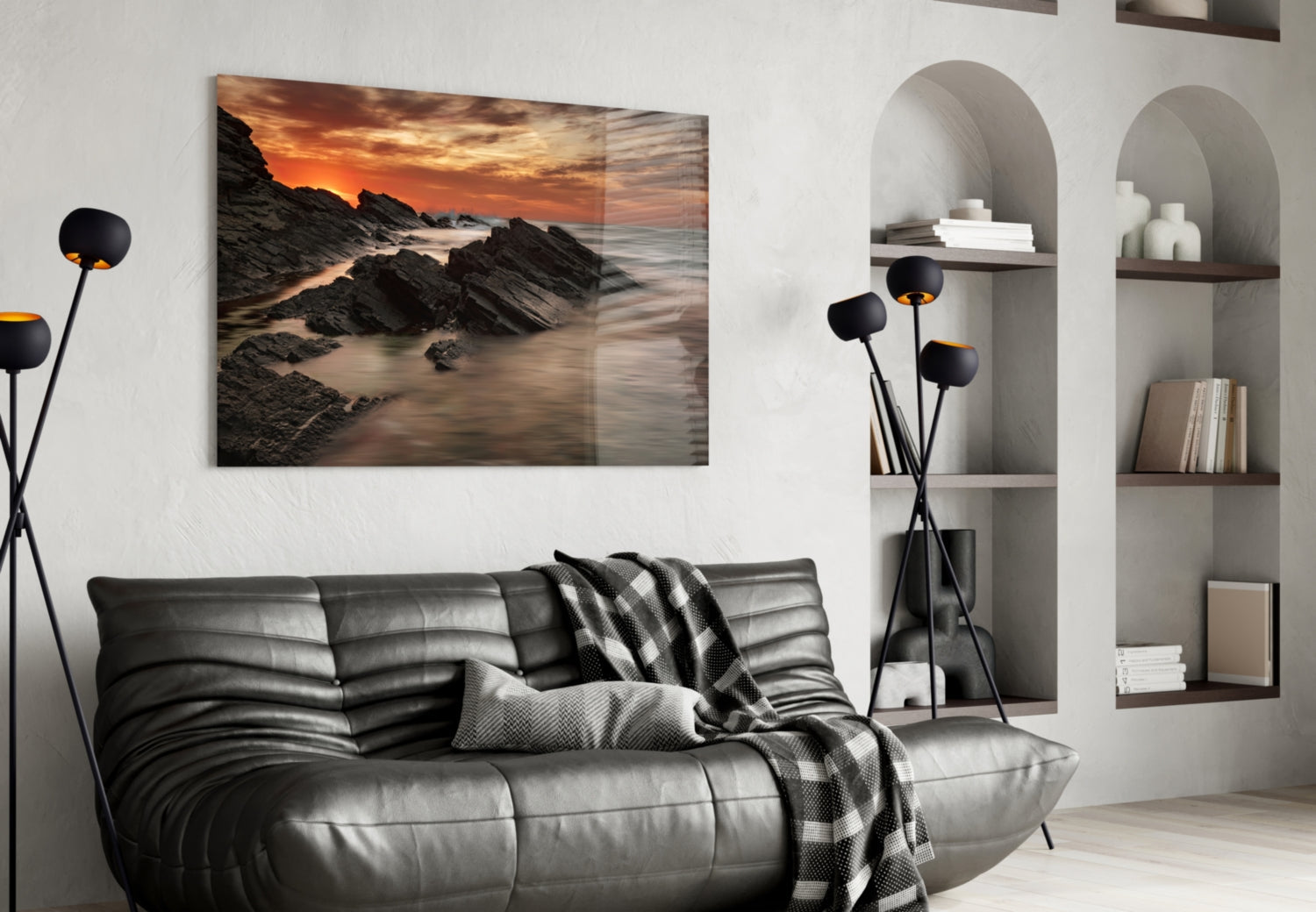 Fiery Sunset Rocky Coast Waves Glass Wall Art