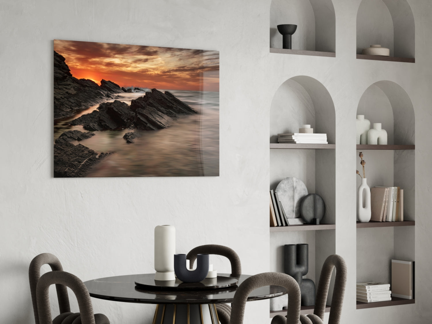 Fiery Sunset Rocky Coast Waves Glass Wall Art