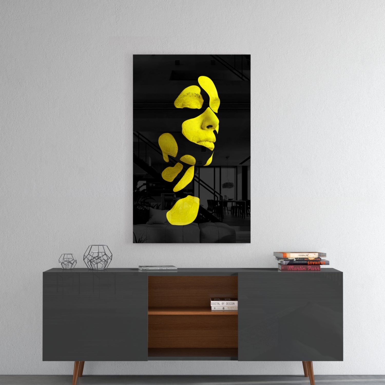 Yellow Fragmented Face on Black Glass Wall Art