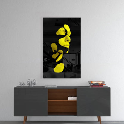 Yellow Fragmented Face on Black Glass Wall Art