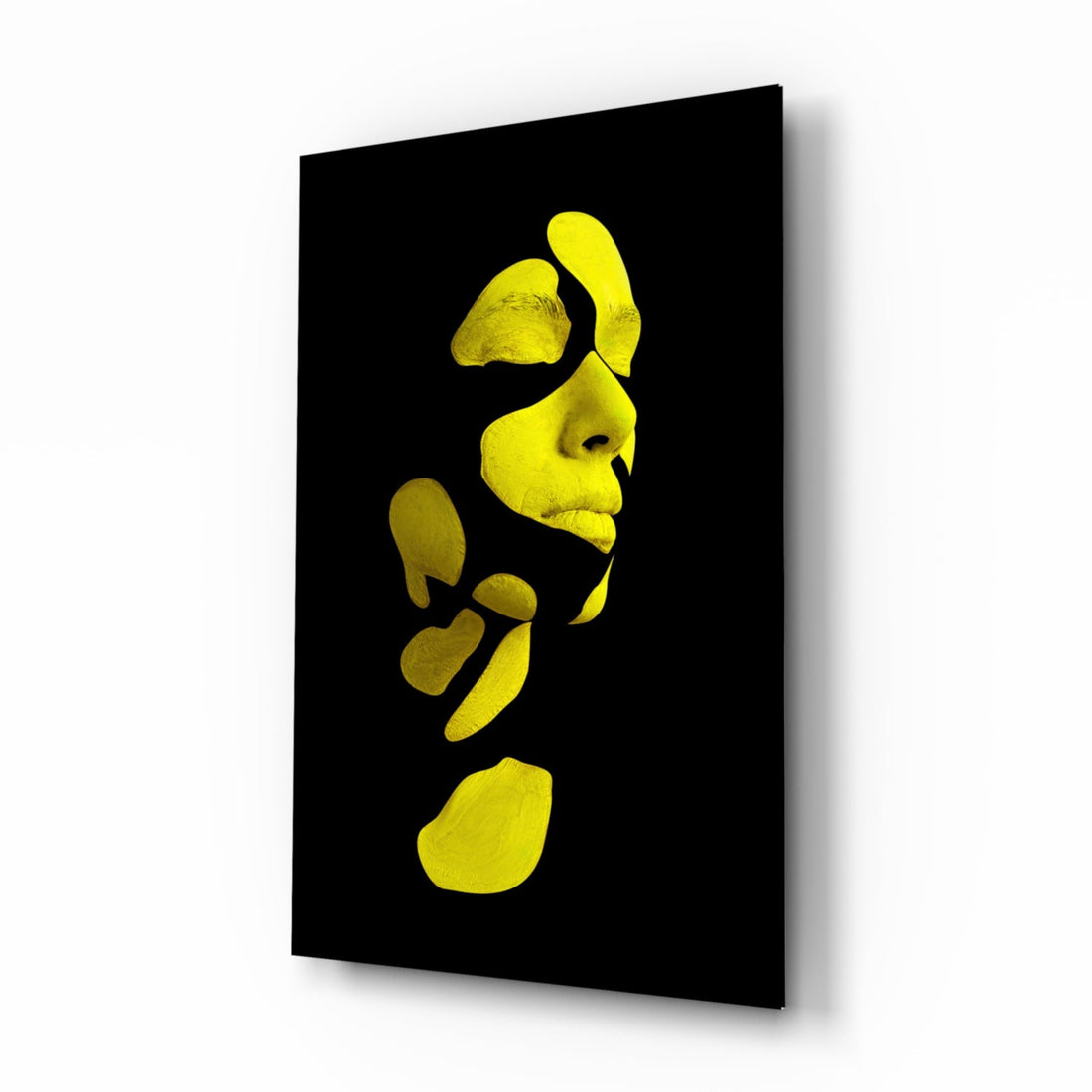 Yellow Fragmented Face on Black Glass Wall Art